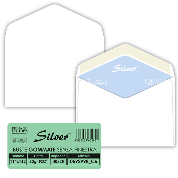 Busta Busta Silver Matic FSC - senza finestra - gommata - 11,4 x 16,2 cm - 80 gr - bianco - Pigna Envelopes - conf. 25 pezzi Busta Busta Silver Matic FSC - senza finestra - gommata - 11,4 x 16,2 cm - 80 gr - bianco - Pigna Envelopes - conf. 25 pezzi