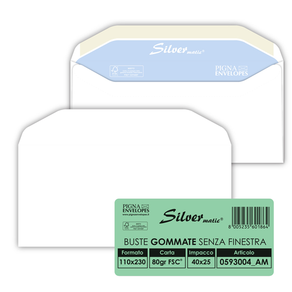 Busta Busta Silver Matic FSC - senza finestra - gommata - 11 x 23 cm - 80 gr - bianco - Pigna Envelopes - conf. 25 pezzi Busta Busta Silver Matic FSC - senza finestra - gommata - 11 x 23 cm - 80 gr - bianco - Pigna Envelopes - conf. 25 pezzi