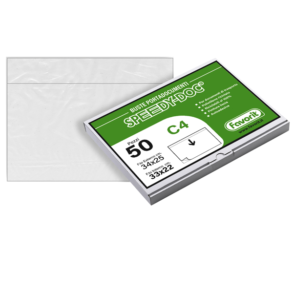 Busta adesiva Speedy Doc - senza stampa - C4 (33 x 22 cm) - LDPE - trasparente - Favorit - conf. 50 pezzi Busta adesiva Speedy Doc - senza stampa - C4 (33 x 22 cm) - LDPE - trasparente - Favorit - conf. 50 pezzi