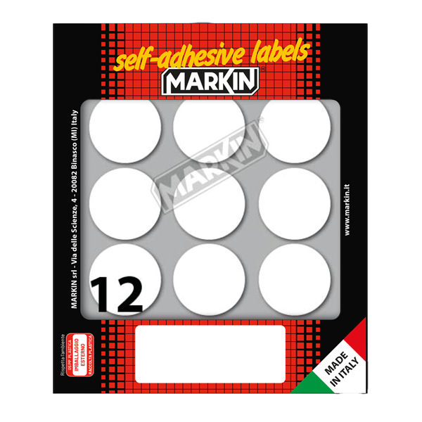 Etichette adesive tonde - in carta - permanenti - diametro 34 mm - 12 et/fg - 10 fogli - bianco - Markin Etichette adesive tonde - in carta - permanenti - diametro 34 mm - 12 et/fg - 10 fogli - bianco - Markin