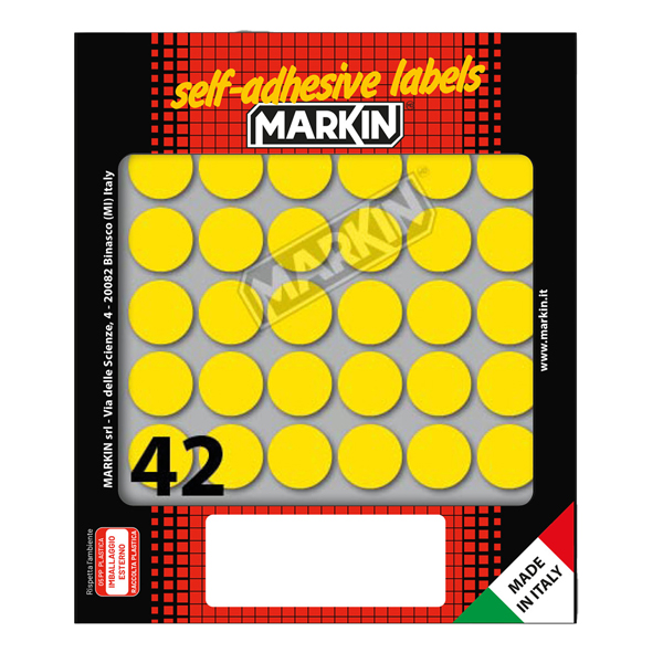 Etichette adesive tonde - in carta - permanenti - diametro 18 mm - 42 et/fg - 10 fogli - giallo - Markin Etichette adesive tonde - in carta - permanenti - diametro 18 mm - 42 et/fg - 10 fogli - giallo - Markin
