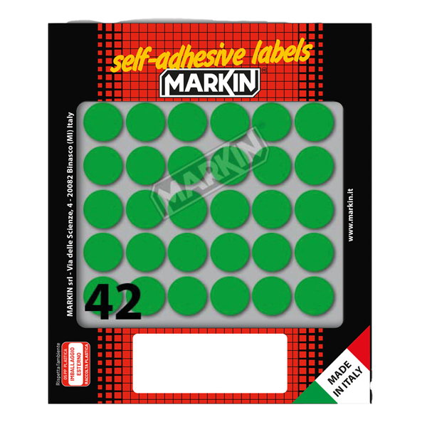 Etichette adesive tonde - in carta - permanenti - diametro 18 mm - 42 et/fg - 10 fogli - verde - Markin Etichette adesive tonde - in carta - permanenti - diametro 18 mm - 42 et/fg - 10 fogli - verde - Markin
