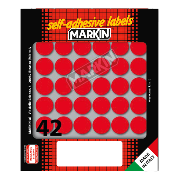 Etichette adesive tonde - in carta - permanenti - diametro 18 mm - 42 et/fg - 10 fogli - rosso - Markin Etichette adesive tonde - in carta - permanenti - diametro 18 mm - 42 et/fg - 10 fogli - rosso - Markin