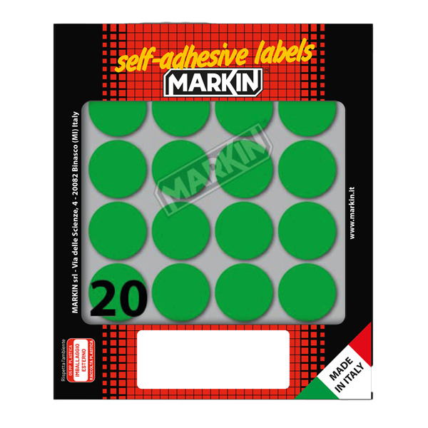 Etichette adesive tonde - in carta - permanenti - diametro 27 mm - 20 et/fg - 10 fogli - verde - Markin Etichette adesive tonde - in carta - permanenti - diametro 27 mm - 20 et/fg - 10 fogli - verde - Markin