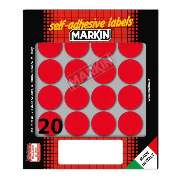 Etichette adesive tonde - in carta - permanenti - diametro 27 mm - 20 et/fg - 10 fogli - rosso - Markin Etichette adesive tonde - in carta - permanenti - diametro 27 mm - 20 et/fg - 10 fogli - rosso - Markin