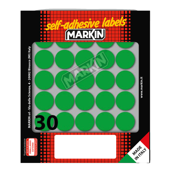 Etichette adesive tonde - in carta - permanenti - diametro 22 mm - 30 et/fg - 10 fogli - verde - Markin Etichette adesive tonde - in carta - permanenti - diametro 22 mm - 30 et/fg - 10 fogli - verde - Markin