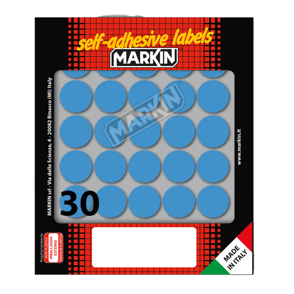 Etichette adesive tonde - in carta - permanenti - diametro 22 mm - 30 et/fg - 10 fogli - blu - Markin Etichette adesive tonde - in carta - permanenti - diametro 22 mm - 30 et/fg - 10 fogli - blu - Markin