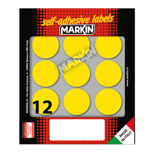 Etichette adesive tonde - in carta - permanenti - diametro 34 mm - 12 et/fg - 10 fogli - giallo - Markin Etichette adesive tonde - in carta - permanenti - diametro 34 mm - 12 et/fg - 10 fogli - giallo - Markin