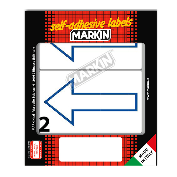Etichette adesive - in carta - permanenti - 115 x 70 mm - 2 et/fg - 10 fogli - simbolo freccia blu (alto) - bianco - Markin Etichette adesive - in carta - permanenti - 115 x 70 mm - 2 et/fg - 10 fogli - simbolo freccia blu (alto) - bianco - Markin