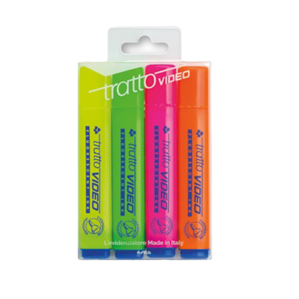 Evidenziatore Tratto Video - punta a scalpello - tratto da 1,0-5,0mm - astuccio 4 colori - Tratto Evidenziatore Tratto Video - punta a scalpello - tratto da 1,0-5,0mm - astuccio 4 colori - Tratto
