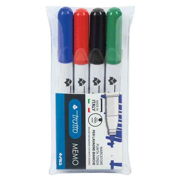 Pennarello Tratto Memo - a secco - per lavagne cancellabili - punta conica - tratto 2,5mm - astuccio 4 colori - Tratto Pennarello Tratto Memo - a secco - per lavagne cancellabili - punta conica - tratto 2,5mm - astuccio 4 colori - Tratto