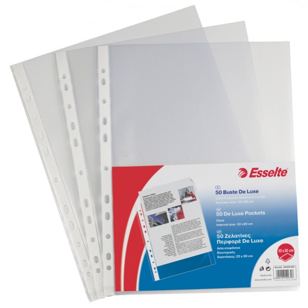 Buste forate CopySafe - DeLuxe - liscio - 22 x 30 cm - trasparente - Esselte - conf. 50 pezzi Buste forate CopySafe - DeLuxe - liscio - 22 x 30 cm - trasparente - Esselte - conf. 50 pezzi