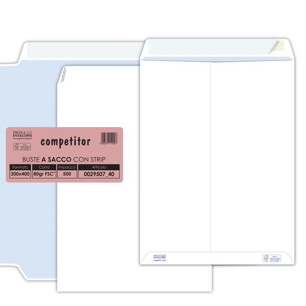 Busta a sacco Competitor FSC - strip adesivo - 30 x 40 cm - 80 gr - bianco - Pigna Envelopes - conf. 500 pezzi Busta a sacco Competitor FSC - strip adesivo - 30 x 40 cm - 80 gr - bianco - Pigna Envelopes - conf. 500 pezzi