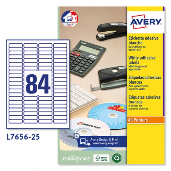 Etichette adesive L7656 - in carta - angoli arrotondati - laser- permanenti - 46 x 11,1 mm - 84 et/fg - 25 fogli - bianco - Avery Etichette adesive L7656 - in carta - angoli arrotondati - laser- permanenti - 46 x 11,1 mm - 84 et/fg - 25 fogli - bianco - Avery