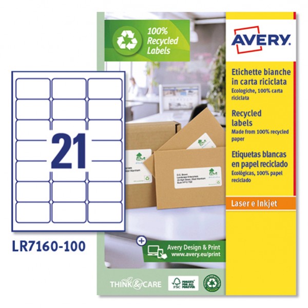 Etichette adesive - in carta riciclata - permanenti - 63,5 x 38,1 mm - 21 et/fg - 100 fogli - bianco - Avery Etichette adesive - in carta riciclata - permanenti - 63,5 x 38,1 mm - 21 et/fg - 100 fogli - bianco - Avery