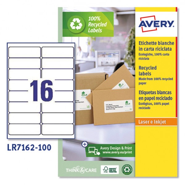 Etichette adesive - in carta riciclata - permanenti - 99,1 x 33,9 mm - 16 et/fg - 100 fogli - bianco - Avery Etichette adesive - in carta riciclata - permanenti - 99,1 x 33,9 mm - 16 et/fg - 100 fogli - bianco - Avery