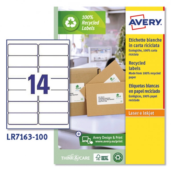 Etichette adesive - in carta riciclata - permanenti - 99,1 x 38,1 mm - 14 et/fg - 100 fogli - bianco - Avery Etichette adesive - in carta riciclata - permanenti - 99,1 x 38,1 mm - 14 et/fg - 100 fogli - bianco - Avery