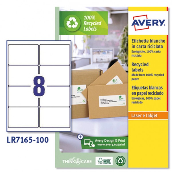 Etichette adesive - in carta riciclata - angoli arrotondati - permanenti - 99,1 x 67,7 mm - 8 et/fg - 100 fogli - bianco - Avery Etichette adesive - in carta riciclata - angoli arrotondati - permanenti - 99,1 x 67,7 mm - 8 et/fg - 100 fogli - bianco - Avery