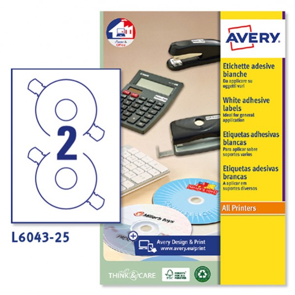 Etichette adesive tonde L6043 - in carta - laser - permanenti - diametro CD 117 mm - foro 41 mm - 2 et/fg - 25 fogli - bianco - Avery Etichette adesive tonde L6043 - in carta - laser - permanenti - diametro CD 117 mm - foro 41 mm - 2 et/fg - 25 fogli - bianco - Avery