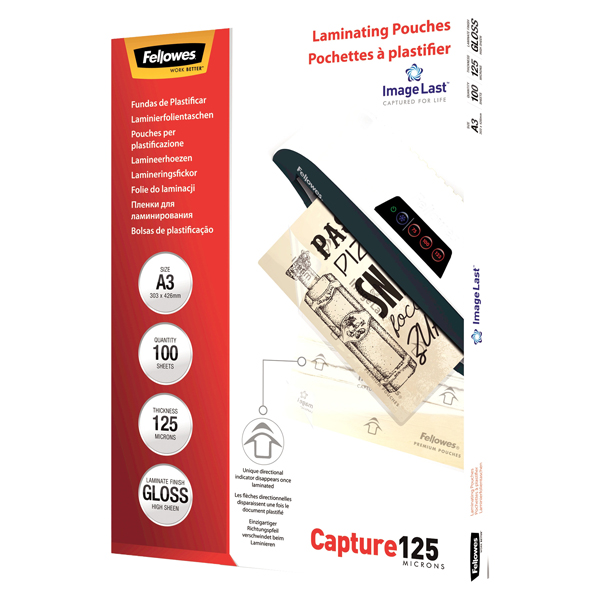 Pouches Capture125 - A3 - 303x426 mm - 2x125 micron - Fellowes - scatola 100 pezzi Pouches Capture125 - A3 - 303x426 mm - 2x125 micron - Fellowes - scatola 100 pezzi