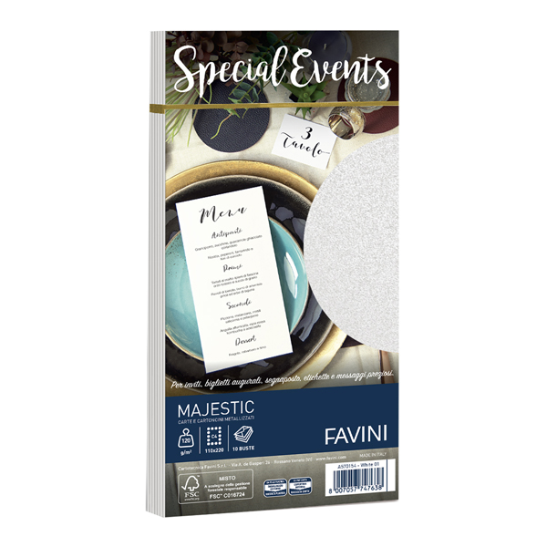 Busta Special Events metal - 110 x 220 mm - 120 gr - bianco - Favini - conf. 10 buste Busta Special Events metal - 110 x 220 mm - 120 gr - bianco - Favini - conf. 10 buste