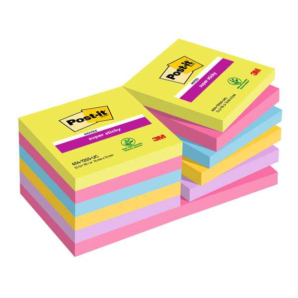 Blocco foglietti Post-it Super Sticky - 654-12SSUCC - 76 x 76 mm - colori Ultra - 90 fogli - Post-it Blocco foglietti Post-it Super Sticky - 654-12SSUCC - 76 x 76 mm - colori Ultra - 90 fogli - Post-it