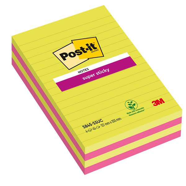Blocco foglietti Post-it Super Sticky rettangolari - 5845-4SSUC - a righe - 127 x 203 mm - colori Ultra - 45 fogli - Post-it Blocco foglietti Post-it Super Sticky rettangolari - 5845-4SSUC - a righe - 127 x 203 mm - colori Ultra - 45 fogli - Post-it