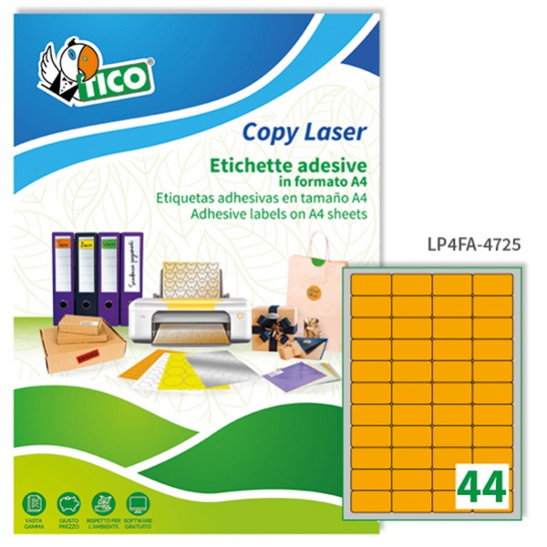 Etichette adesive LP4F - in carta - angoli arrotondati - permanenti - 47,5 x 25,5 mm - 44 et/fg - 70 fogli - arancio fluo - Tico Etichette adesive LP4F - in carta - angoli arrotondati - permanenti - 47,5 x 25,5 mm - 44 et/fg - 70 fogli - arancio fluo - Tico