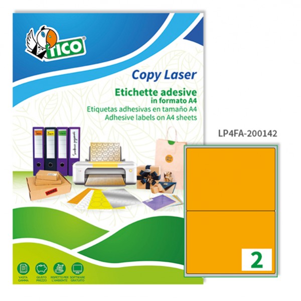 Etichette adesive LP4F - in carta - angoli arrotondati - permanenti - 200 x 142 mm - 2 et/fg - 70 fogli - arancio fluo - Tico Etichette adesive LP4F - in carta - angoli arrotondati - permanenti - 200 x 142 mm - 2 et/fg - 70 fogli - arancio fluo - Tico