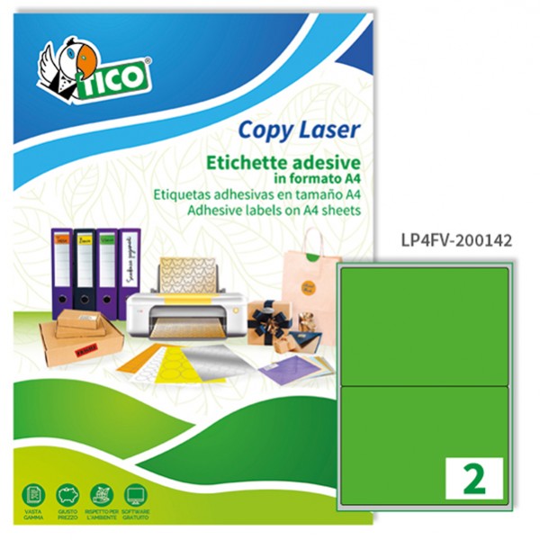 Etichette adesive LP4F - in carta - angoli arrotondati - permanenti - 200 x 142 mm - 2 et/fg - 70 fogli - verde fluo - Tico Etichette adesive LP4F - in carta - angoli arrotondati - permanenti - 200 x 142 mm - 2 et/fg - 70 fogli - verde fluo - Tico