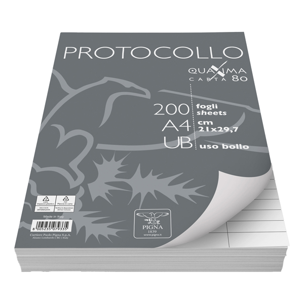 Fogli protocollo Quaxima - A4 - uso bollo - 80 gr - Pigna - conf. 200 pezzi Fogli protocollo Quaxima - A4 - uso bollo - 80 gr - Pigna - conf. 200 pezzi