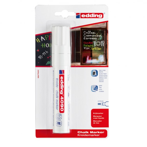 Marcatore a gesso liquido 4090 - punta scalpello - da 4 a 15mm - bianco - Edding Marcatore a gesso liquido 4090 - punta scalpello - da 4 a 15mm - bianco - Edding