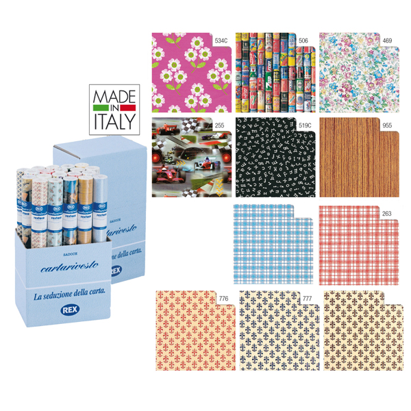 Rotoli Cartarivesto Rex 58 - lavabile - 50 x 500 cm - colori assortiti - Rex Sadoch - conf. 50 pezzi Rotoli Cartarivesto Rex 58 - lavabile - 50 x 500 cm - colori assortiti - Rex Sadoch - conf. 50 pezzi