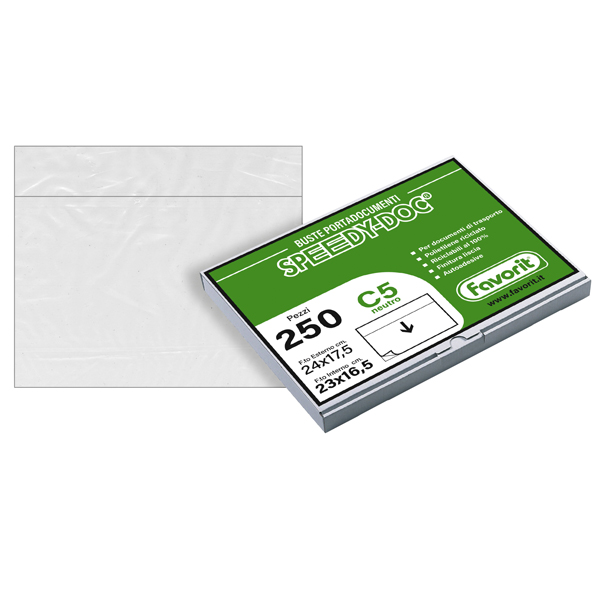 Busta adesiva Speedy Doc - senza stampa - C5 - 23 x 16,5 cm - LDPE - trasparente - Favorit - conf. 250 pezzi Busta adesiva Speedy Doc - senza stampa - C5 - 23 x 16,5 cm - LDPE - trasparente - Favorit - conf. 250 pezzi