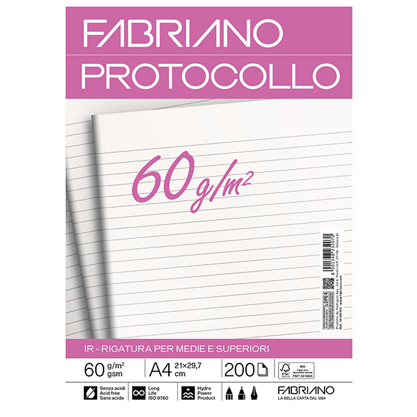 Foglio protocollo - A4 - 1 rigo - 60 gr - Fabriano - conf. 200 pezzi Foglio protocollo - A4 - 1 rigo - 60 gr - Fabriano - conf. 200 pezzi