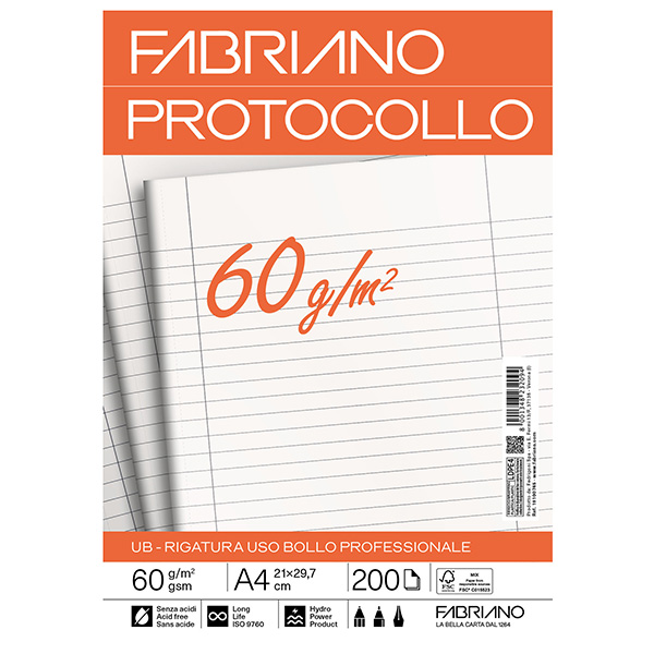 Foglio protocollo - A4 - uso bollo - 60 gr - Fabriano - conf. 200 pezzi Foglio protocollo - A4 - uso bollo - 60 gr - Fabriano - conf. 200 pezzi