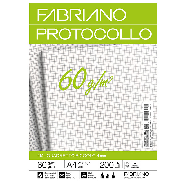 Foglio protocollo - A4 - 4 mm - 60 gr - Fabriano - conf. 200 pezzi Foglio protocollo - A4 - 4 mm - 60 gr - Fabriano - conf. 200 pezzi