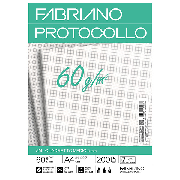 Foglio protocollo - A4 - 5 mm - 60 gr - Fabriano - conf. 200 fogli Foglio protocollo - A4 - 5 mm - 60 gr - Fabriano - conf. 200 fogli