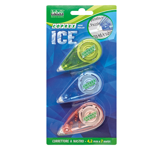 Correttore a nastro Mini roller - 4,2mm x 7mt - versione Ice - Lebez - conf. 3 pezzi Correttore a nastro Mini roller - 4,2mm x 7mt - versione Ice - Lebez - conf. 3 pezzi