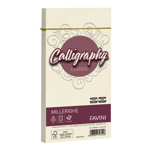 Busta Calligraphy Millerighe - 110 x 220 mm - 100 gr - avorio 02 - Favini - conf. 25 pezzi Busta Calligraphy Millerighe - 110 x 220 mm - 100 gr - avorio 02 - Favini - conf. 25 pezzi