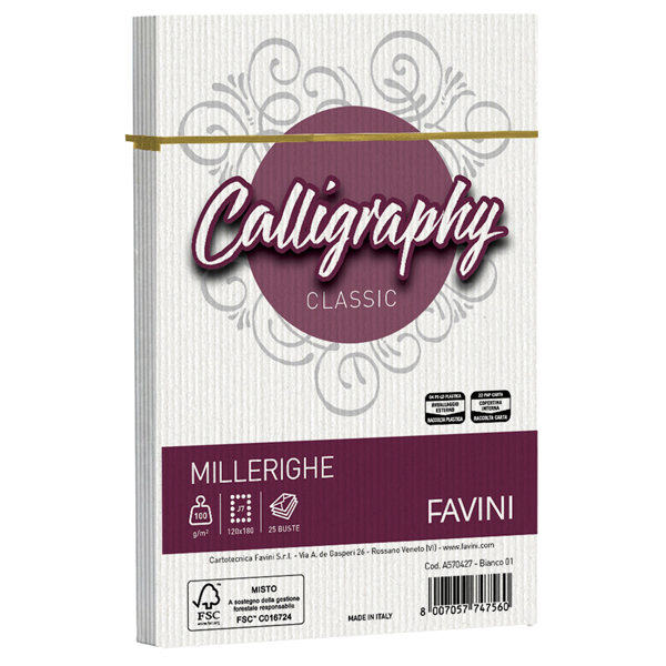 Busta Calligraphy Millerighe - 120 x 180 mm - 100 gr - bianco 01 - Favini - conf. 25 pezzi Busta Calligraphy Millerighe - 120 x 180 mm - 100 gr - bianco 01 - Favini - conf. 25 pezzi