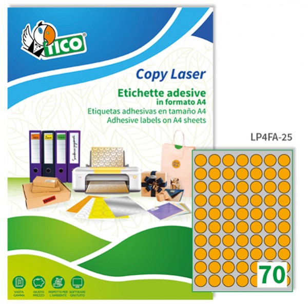 Etichette adesive tonde LP4F - in carta - con margini - permanenti - diametro 25 mm - 70 et/fg - 70 fogli - arancio fluo - Tico Etichette adesive tonde LP4F - in carta - con margini - permanenti - diametro 25 mm - 70 et/fg - 70 fogli - arancio fluo - Tico