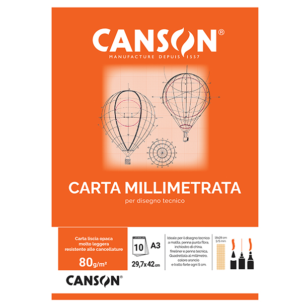 Blocco carta opaca millimetrata - A3 - 10 fogli - 80gr - Canson