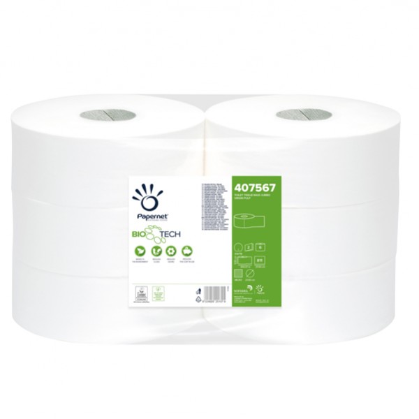 Carta igienica Maxi Jumbo Bio Tech - 2 veli - microgoffrata - 16,5 gr - diametro 27 cm - 9,5 cm x 300 mt - Papernet Carta igienica Maxi Jumbo Bio Tech - 2 veli - microgoffrata - 16,5 gr - diametro 27 cm - 9,5 cm x 300 mt - Papernet