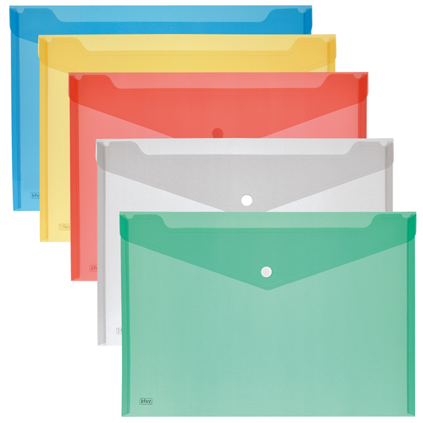 Busta con bottone - 33,5 x 23,5 cm - PP - colori assortiti - Lebez - conf. 5 pezzi Busta con bottone - 33,5 x 23,5 cm - PP - colori assortiti - Lebez - conf. 5 pezzi