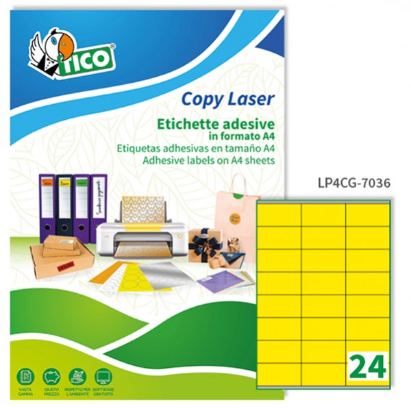 Etichette adesive LP4C - in carta - permanenti - 70 x 36 mm - 24 et/fg - 70 fogli - giallo opaco - Tico Etichette adesive LP4C - in carta - permanenti - 70 x 36 mm - 24 et/fg - 70 fogli - giallo opaco - Tico
