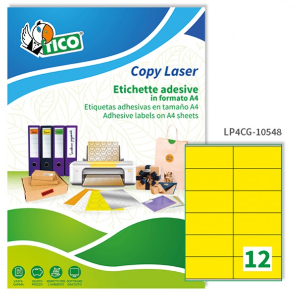 Etichette adesive LP4C - in carta - permanenti - 105 x 48 mm - 12 et/fg - 70 fogli - giallo opaco - Tico Etichette adesive LP4C - in carta - permanenti - 105 x 48 mm - 12 et/fg - 70 fogli - giallo opaco - Tico