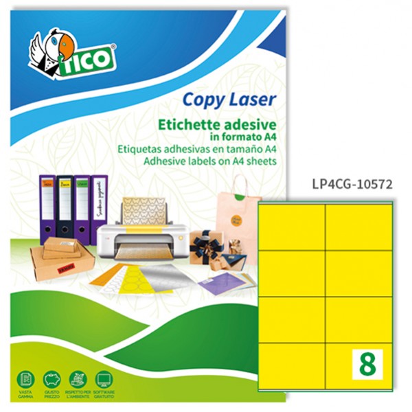 Etichette adesive LP4C - in carta - permanenti - 105 x 72 mm - 8 et/fg - 70 fogli giallo opaco - Tico Etichette adesive LP4C - in carta - permanenti - 105 x 72 mm - 8 et/fg - 70 fogli giallo opaco - Tico
