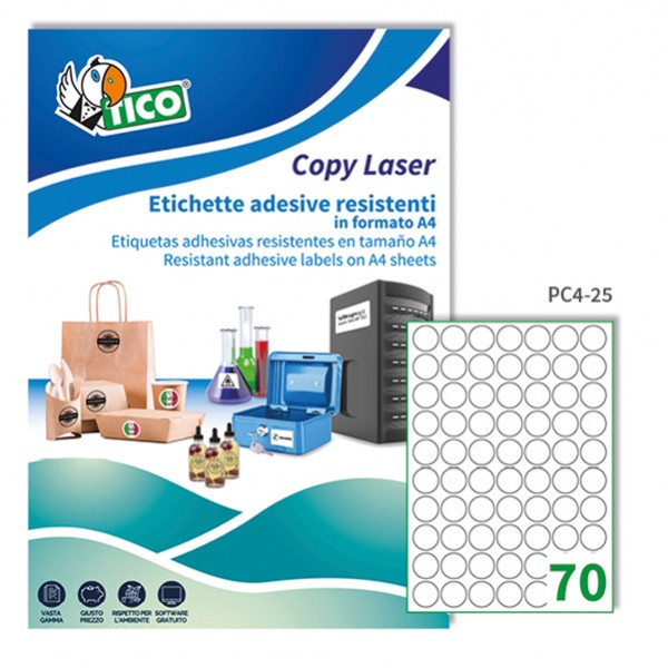 Etichette adesive tonde PC4 - in poliestere - laser - permanenti - diametro 25 mm - 70 et/fg - 100 fogli - trasparente - Tico Etichette adesive tonde PC4 - in poliestere - laser - permanenti - diametro 25 mm - 70 et/fg - 100 fogli - trasparente - Tico