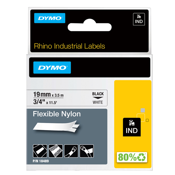 Nastro Rhino 18489 - 19 mm x 3,5 mt - nylon flessibile - nero/bianco - Dymo